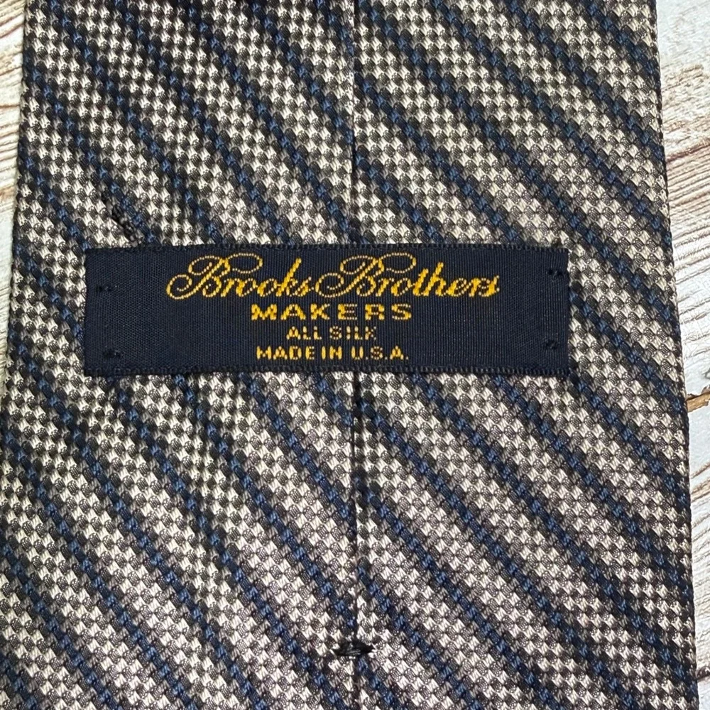Brooks Brothers Tie Men OS Blue Tan Striped Micro Check Silk Makers USA